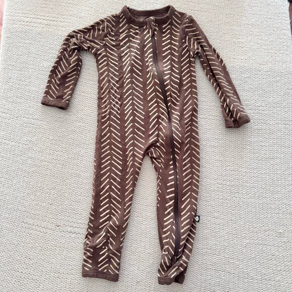 Kyte Baby Brown + Tan Espresso Herringbone Zippered Bamboo Romper 12-18 Months - Picture 1 of 6